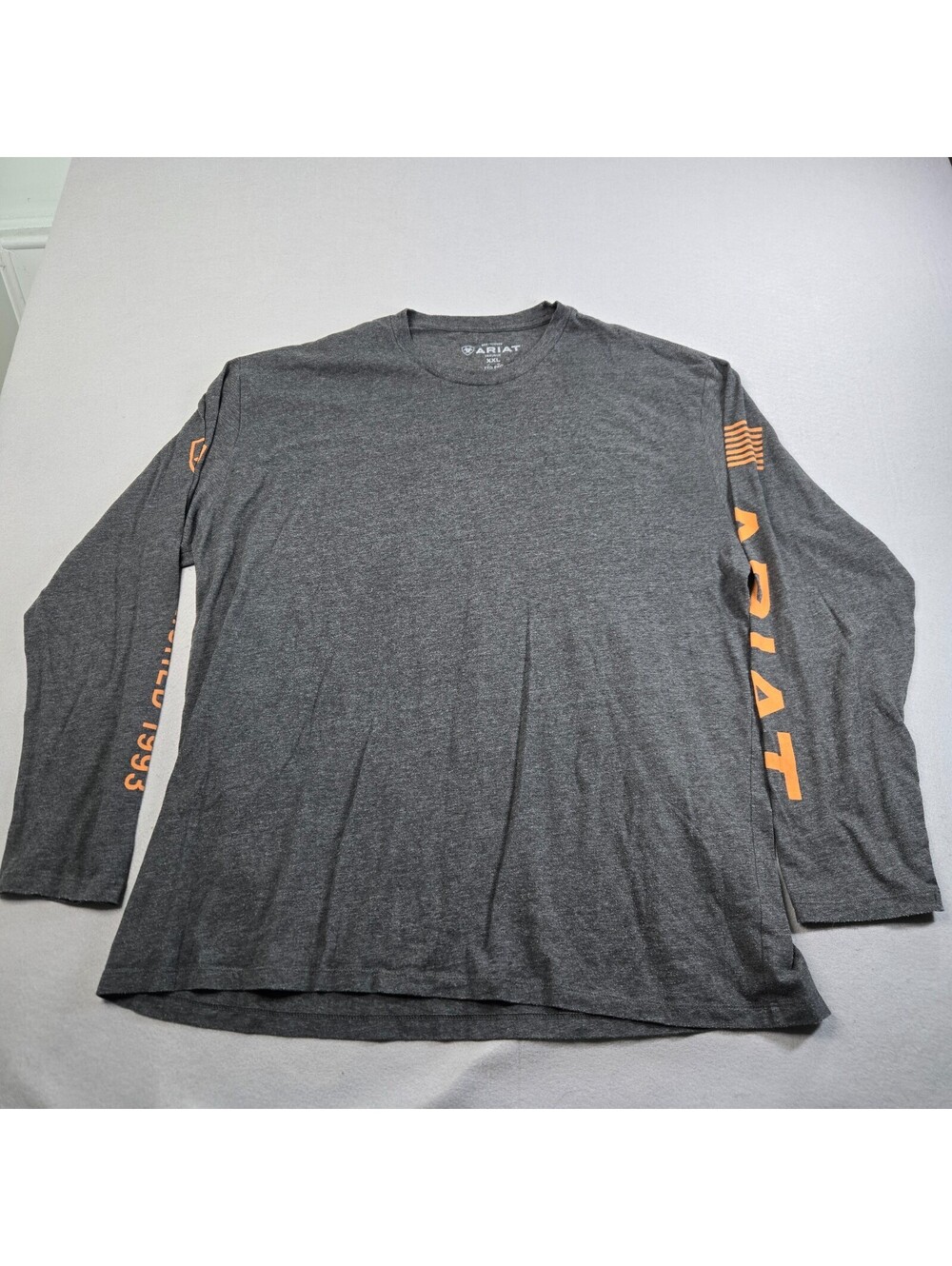 Ariat Men 2XL Graphic T-Shirt Charcoal Grey Orange Long Sleeve Graphic Logo Tee
